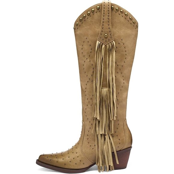 Women's Apricot Fashion Pointed Toe Chunky Heel Rivet Pull-On Knee High Fringe - Picture 4 of 7